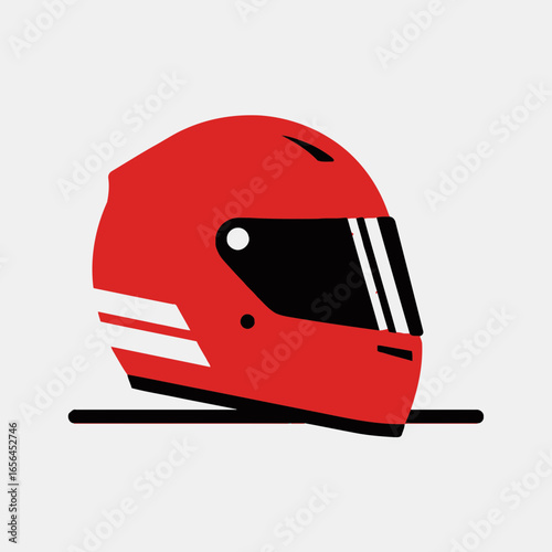 Red racing helmet with white stripes on a white background.