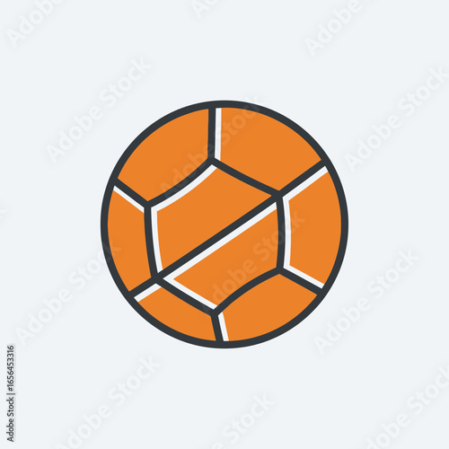 Orange ball with hexagonal panels on a light grey background.