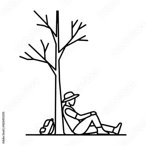 Relaxing in the shade of a tree: A traveler is resting with his bag in the shade of a tree, highlighting the themes of nature, travel, and peace of mind.