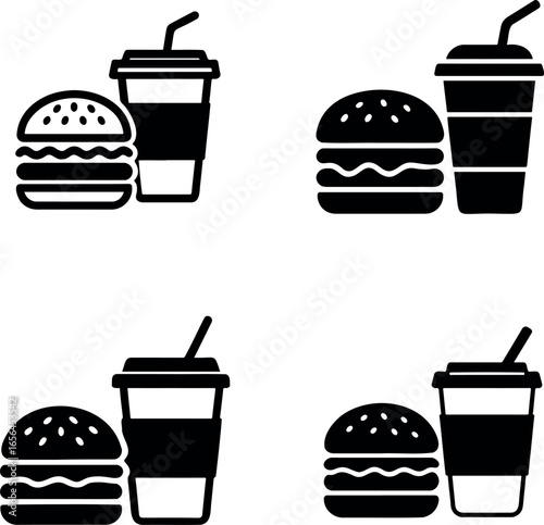Four sets of burger and drink icons arranged in a square formation graphic