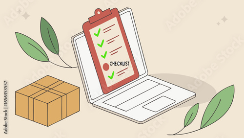 Online Order Checklist with Package on Laptop Screen.