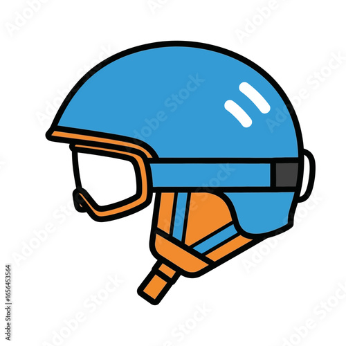 Blue helmet with goggles and orange straps for protection.
