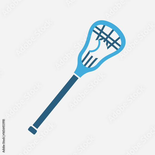 A blue lacrosse stick on a light gray background.
