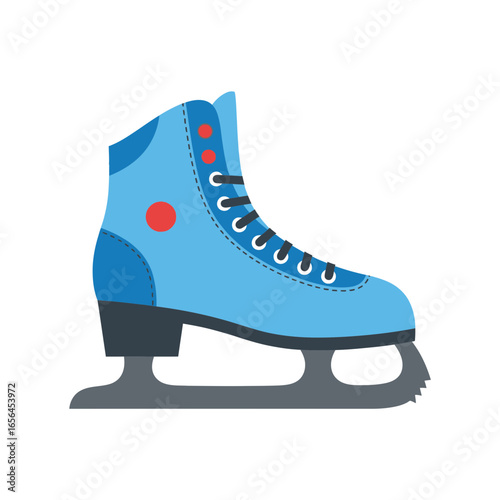 Blue ice skate with white laces and red accent.