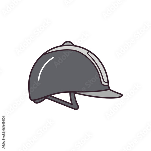 A grey equestrian helmet with a white stripe and chin strap.