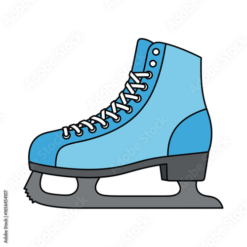 A light blue ice skate with white laces and a grey blade.