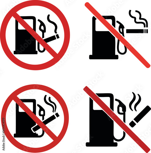 No smoking signs at gas station with red prohibition symbol and gas pump icon