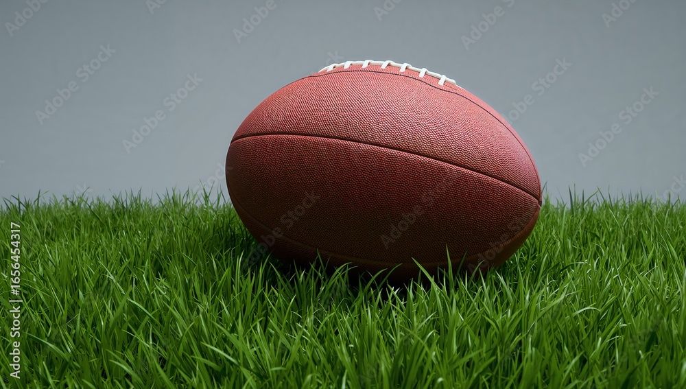 Obraz premium Lying American football resting on lush green grass at studio setup, with light grey backdrop