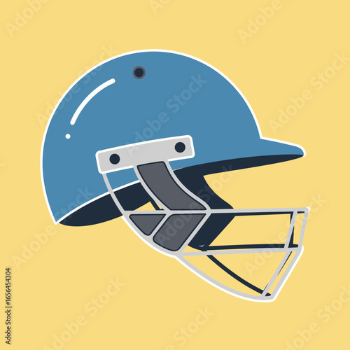Blue cricket helmet with face guard on yellow background.