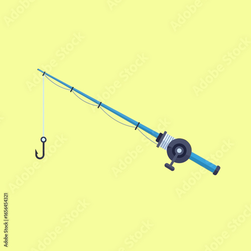 Fishing rod with hook and reel on a yellow background.