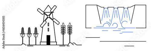 Windmill with crops and flowing hydroelectric dam. Ideal for renewable energy, agriculture, sustainability, water resources, rural development, eco-technology, green innovation. Simple flat metaphor