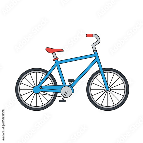 Blue bicycle with red seat and handlebars on white background.