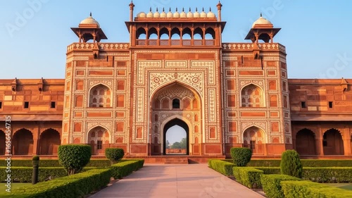 Magnificent Red Sandstone Gate and Detailed Architecture in Agra India Against a Clear Blue Sky with Lush Green Hedges