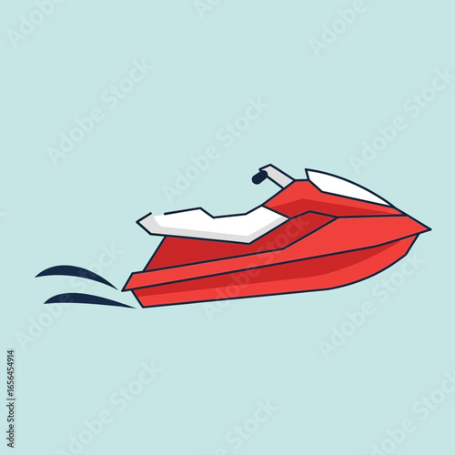 Red jet ski speeding through blue water with white wake.