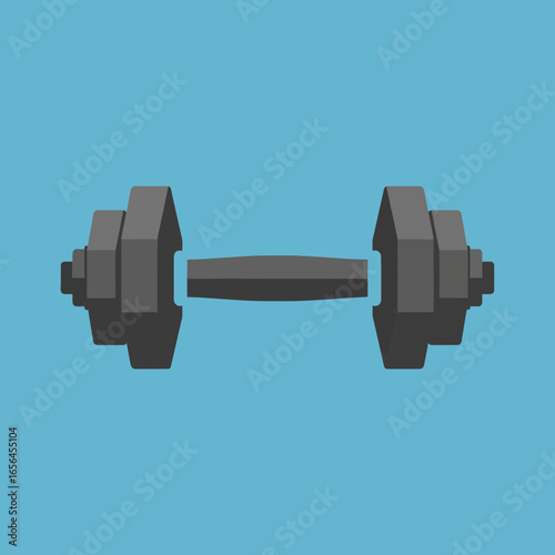 A dark gray dumbbell rests against a bright blue background.