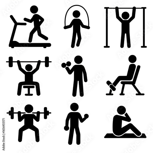 Stick figure exercise icons with treadmill jump rope weightlifting and sit ups