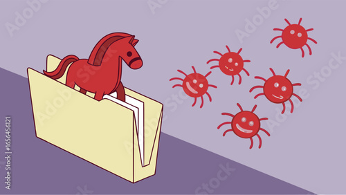 Red Trojan Horse Emerging from a Folder.