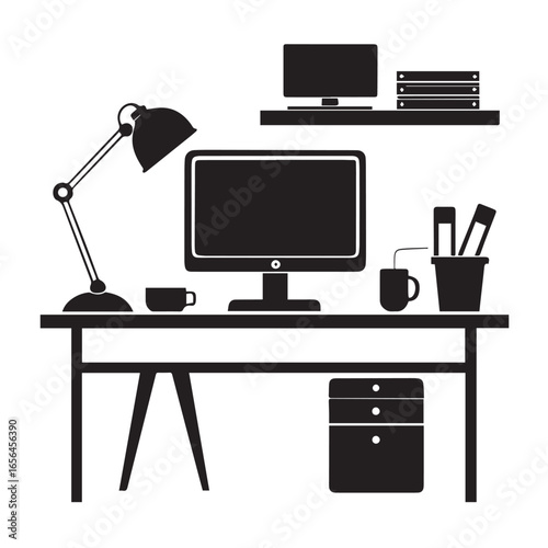 Black and white silhouette of a desk with a computer, adjustable lamp, and office supplies, representing a functional workspace, isolated on white background