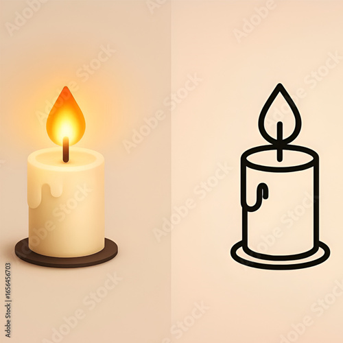 Candle illustration with realistic glowing side and simple outline version