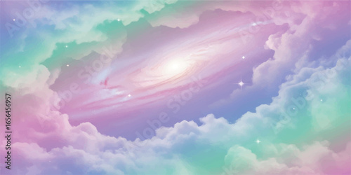 Abstract watercolor clouds float beautifully across a bright blue sky, creating a serene and sun-drenched landscape