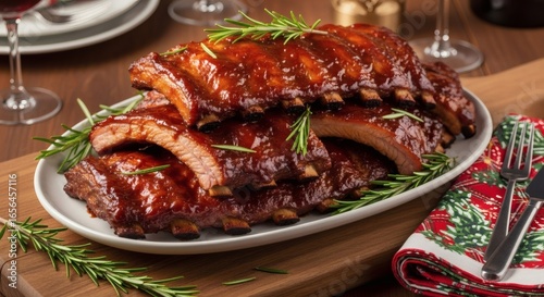 Delicious barbecued ribs presented on a plate, garnished with fresh rosemary, ready to be enjoyed.