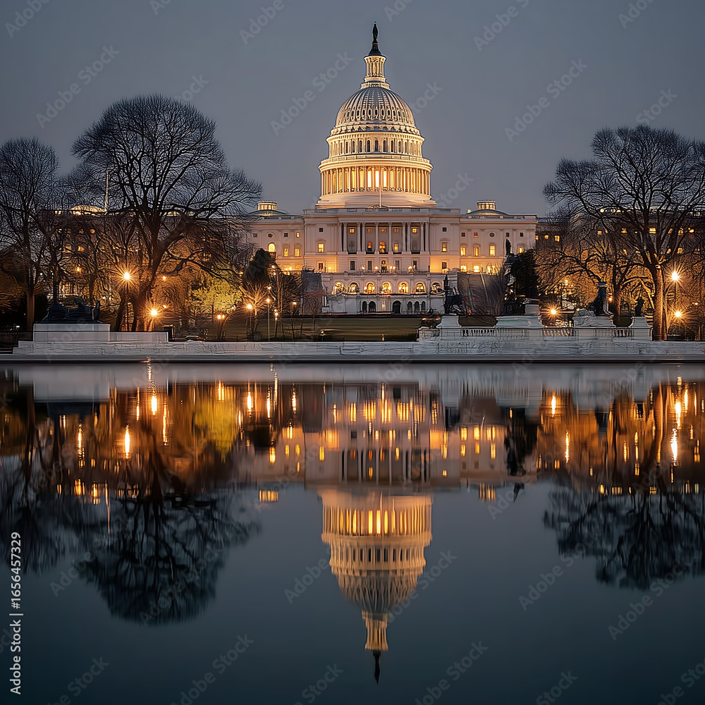 Obraz premium The united states capitol building illuminated at night, reflected in calm waters, showcasing its architectural grandeur and historical significance