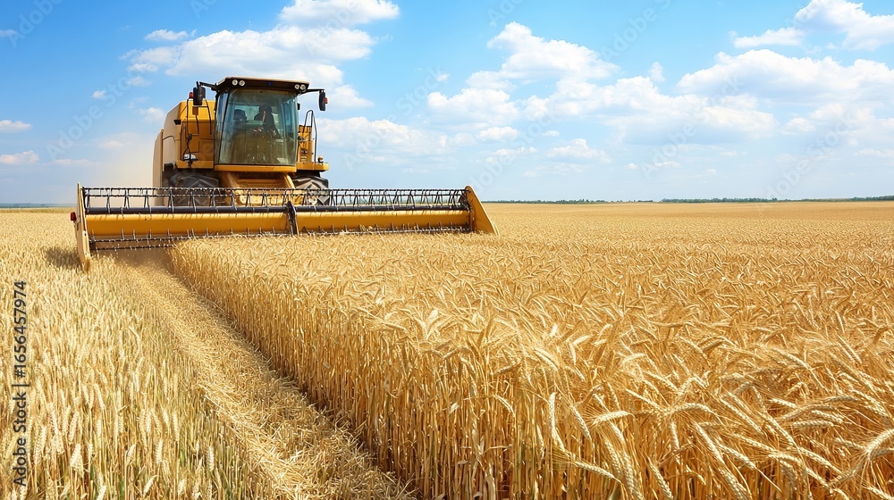 Fototapeta premium A harvester operates in a golden wheat field under a bright blue sky, showcasing the beauty of agriculture, This image is ideal for agricultural marketing, farming education