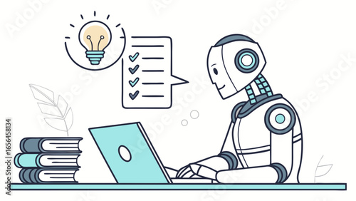 Robot Working on Laptop with Idea Bulb and Checklist.