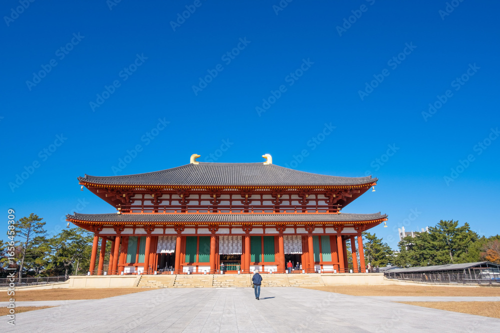 Fototapeta premium 奈良、興福寺、佛寺、寺院、文化財、木造建築、古代建築、日本文化、歷史名勝、文化財、木、綠色、青空、写真素材