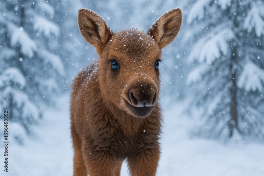 Obraz premium Adorable calf in snowy forest