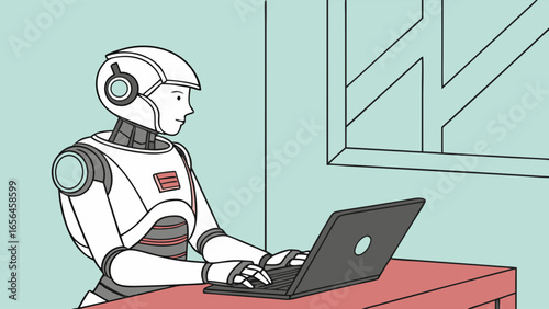 Robotic Figure Working on a Laptop.