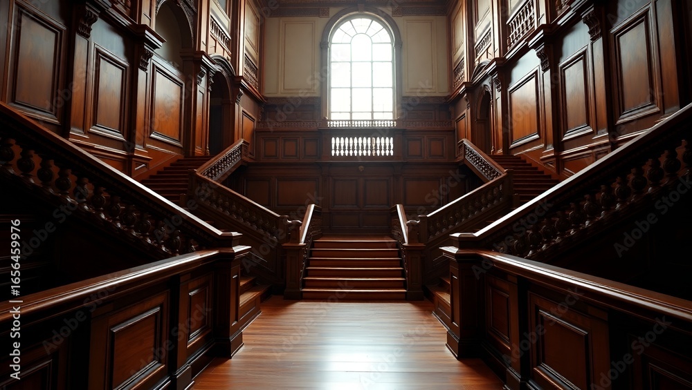 Obraz premium The luxurious interior features a symmetrical and detailed wooden staircase.