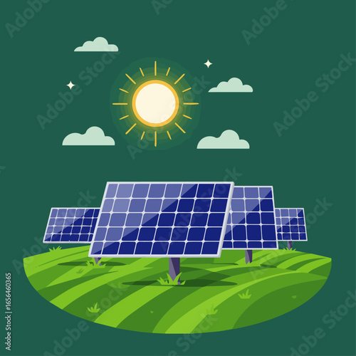 Solar panels generating renewable energy under bright sun illustration