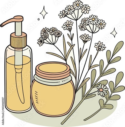 Vector art of natural beauty products with flowers and leaves, creating a calming and organic aesthetic, isolated on white background