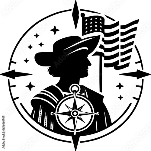 Symbol of Exploration and Discovery: An emblematic monochrome design, a figure silhouetted against a celestial backdrop, evoking a sense of history, exploration, and the pioneering spirit.