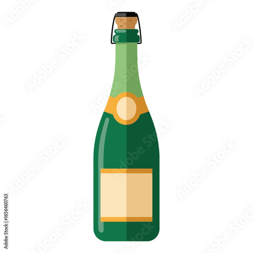 Green bottle with gold foil and label on white background.