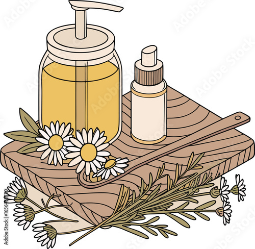 Vector art of natural beauty products with daisies and wooden elements on a wooden board, isolated on white background