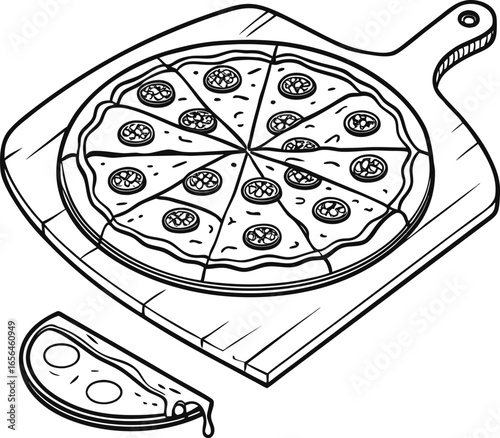 Vector art of a delicious pepperoni pizza on a wooden board with a slice of melted cheese isolated on white background