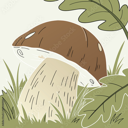 Illustration of a boletus mushroom in the grass isolated on white background