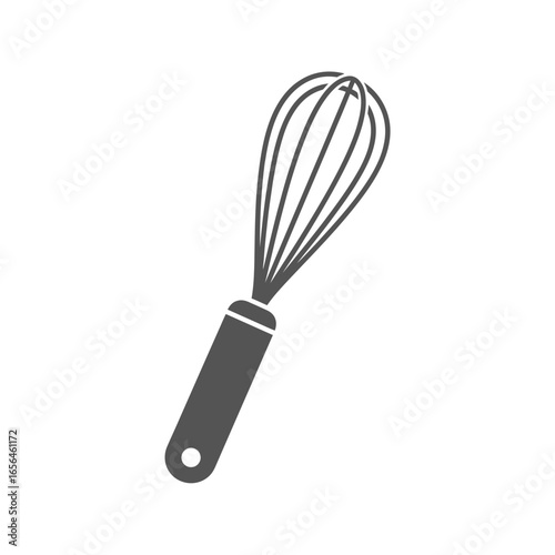 Gray wire whisk with a black handle on a white background.