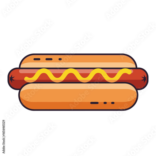 Hot dog with mustard in a bun on a white background.