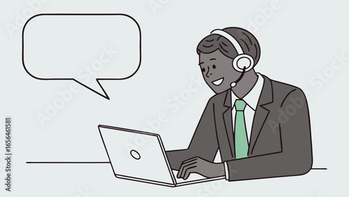 Smiling Customer Service Representative Using Laptop and Headset.