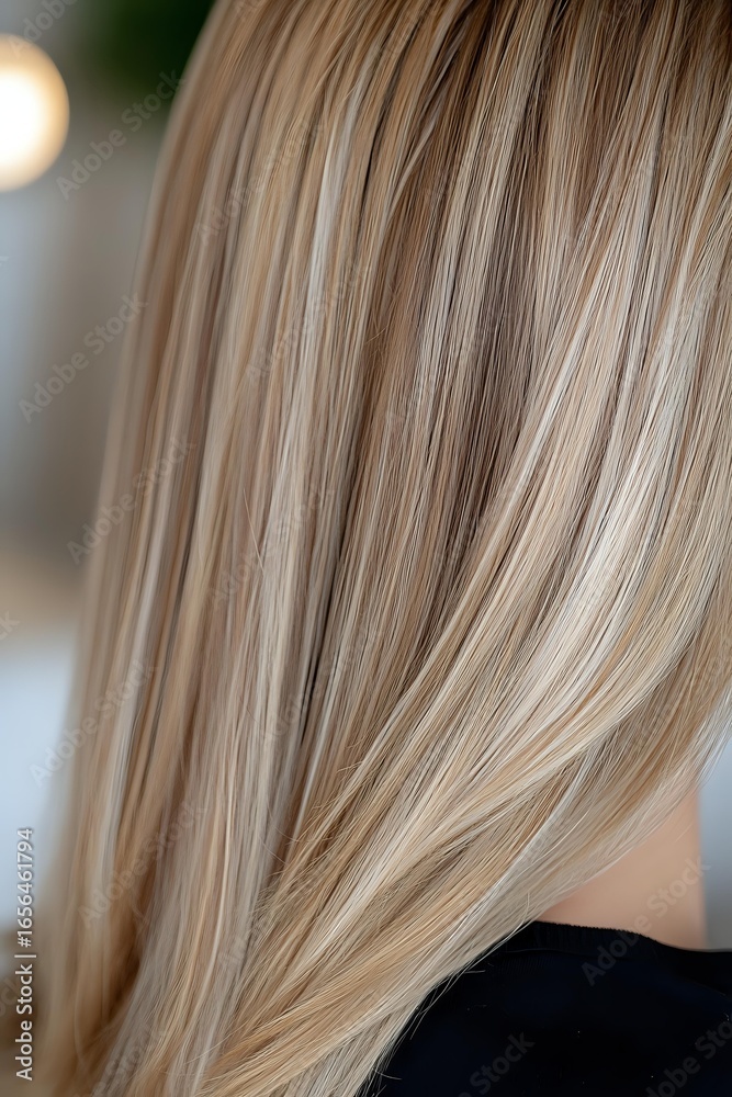 Fototapeta premium Close-up of straight blonde highlighted hair showing smooth texture and natural balayage technique with light beige and pearl tones for beauty and haircare advertising.