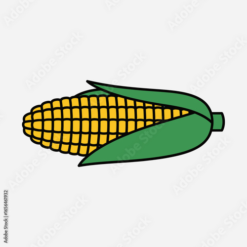 Yellow corn with green husks on a light gray background.