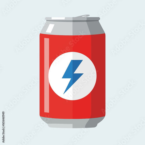 Red soda can with a lightning bolt symbol on a light blue background.