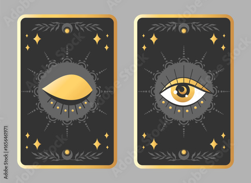 Celestial esoteric tarot card design with magical eye and celestial elements. Vector illustration