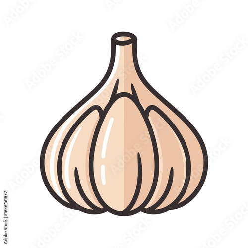 A stylized illustration of a single bulb of garlic.