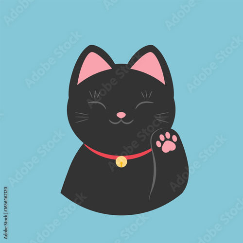 Black beckoning cat Maneki neko icon. Wealth and talisman. Vector illustration