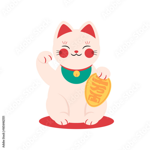 Beckoning cat Maneki neko flat icon isolated on white background. Vector illustration