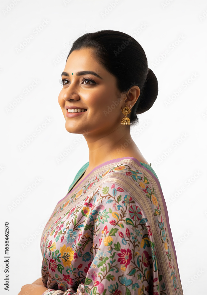 A graceful, mature Indian woman wearing a red and gold floral silk saree with traditional pearl necklaces and gold earrings A graceful, mature Indian woman wearing a red and gold floral silk saree with traditional pearl necklaces and gold earrings